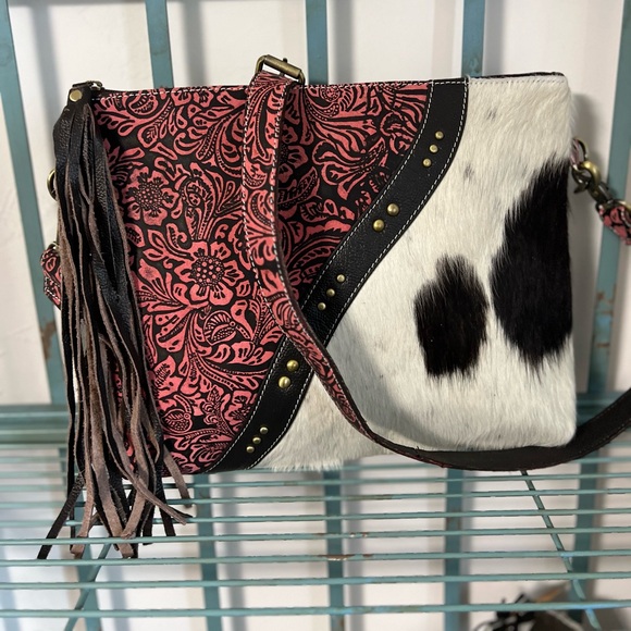 New Bag  Cowhide Red Embossed Leather Cowhide crossbody Tassel Stud Boho Western - Picture 9 of 12